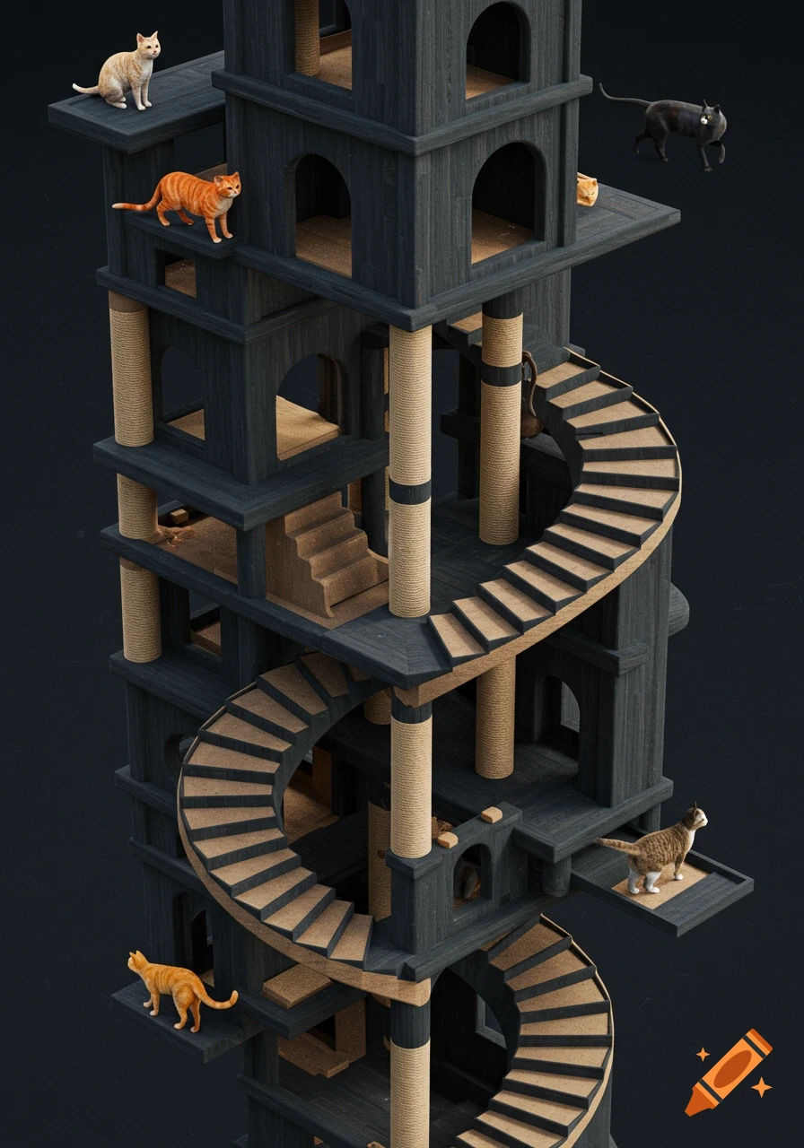 An M.C. Escher-style multi-level dark gray cat tree with spiraling stairs and several cats.
