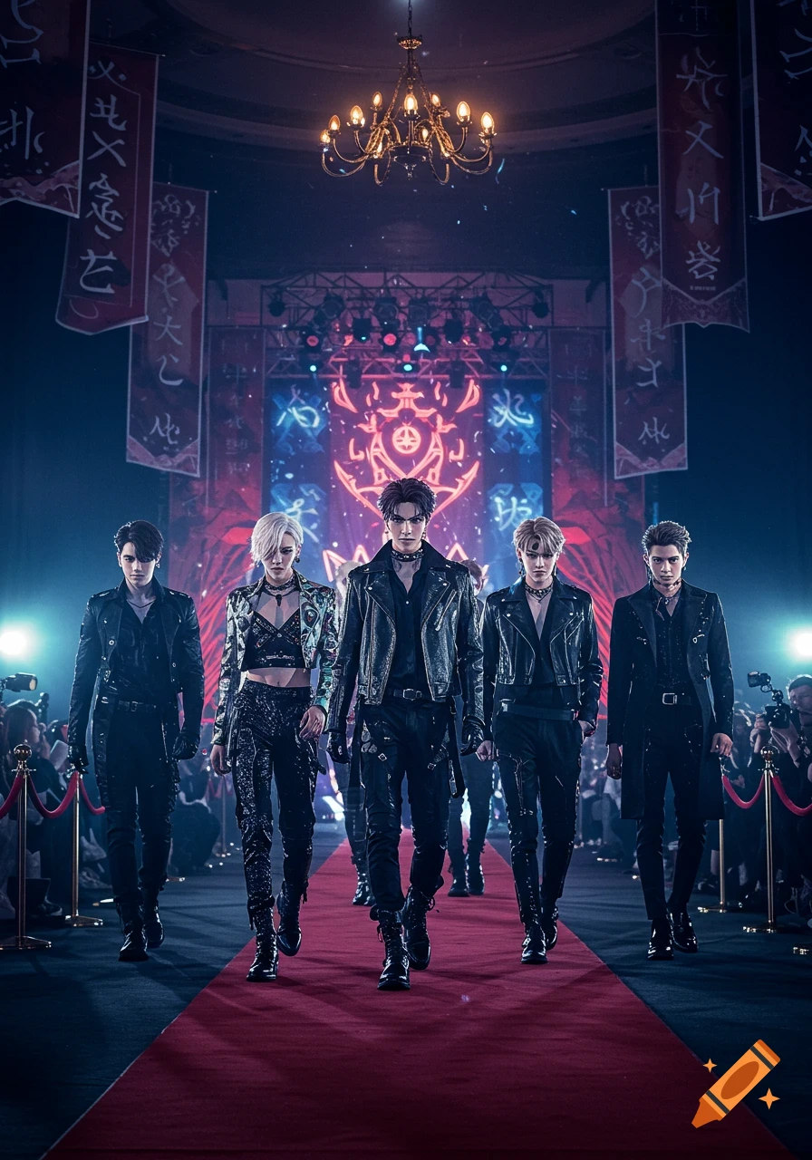 Five darkly dressed characters, including one with white hair, walk down a red carpet in a dramatic, dimly lit hall with glowing symbols and banners.