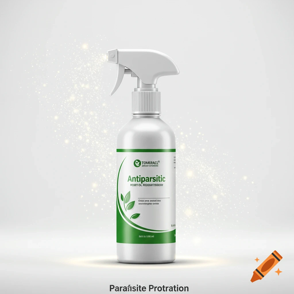 Photorealistic white spray bottle with a green and white label featuring the word 'Antiparasitic' and a leaf logo, against a light background with sparkling particles.
