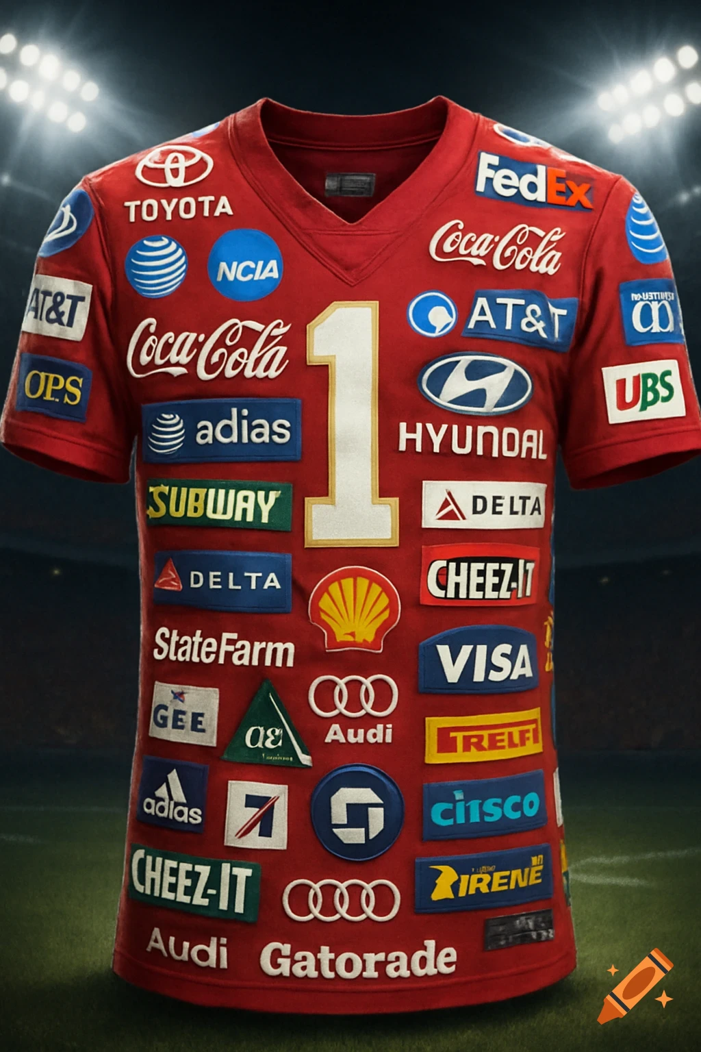 A red football jersey covered in numerous sponsor logos, including many well-known brands, against a stadium background.