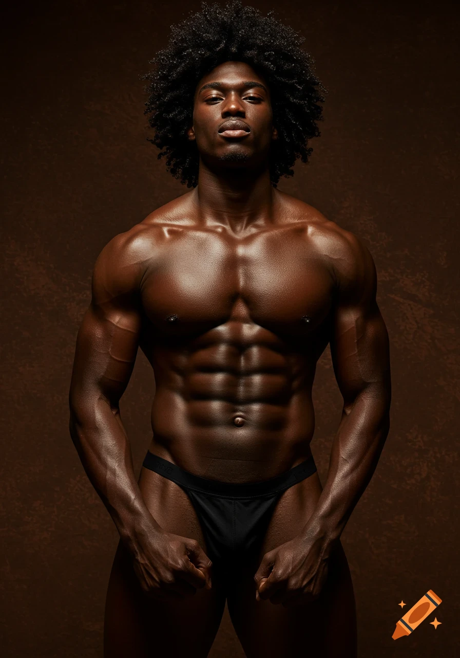 A muscular Black man with an afro poses in a thong, showcasing his physique against a brown background.