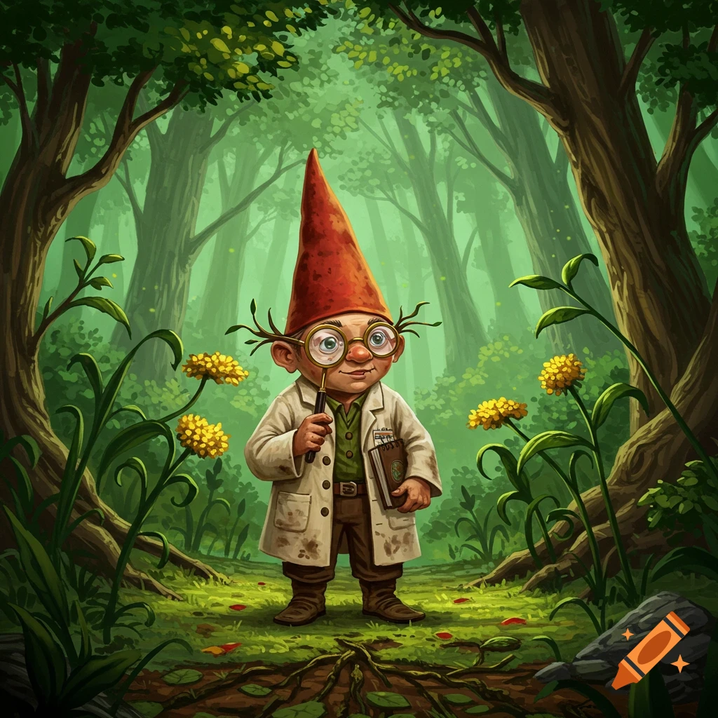 A cartoonish gnome in a lab coat and red hat holds a magnifying glass and book in a lush green forest.