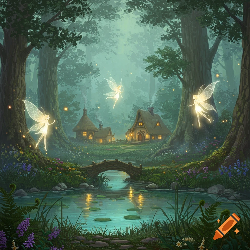 Glowing fairies fly above a mystical village in an enchanted forest with a pond, a bridge, and soft, ethereal light.