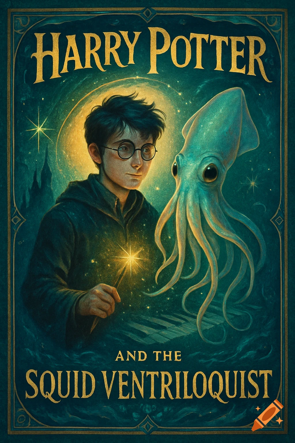 Illustrated fantasy book cover for 'Harry Potter and the Squid Ventriloquist,' showing Harry with a glowing wand next to a large squid.