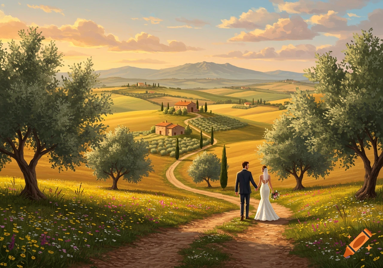 A bride and groom walk down a path in a sunny, painted Italian countryside with golden fields, olive trees, and mountains.