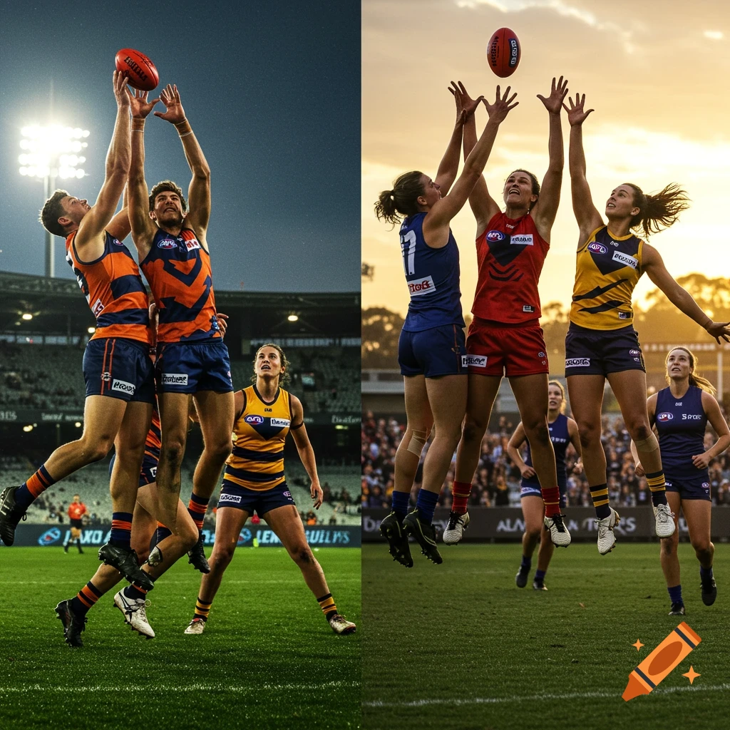 A split image shows male and female Australian Rules Football players in uniform jumping to catch a football during a game, one at night, one at sunset.