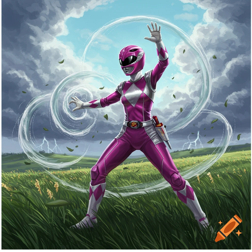 A magenta Power Ranger in a dynamic pose, wielding wind powers in a stormy, grassy field.