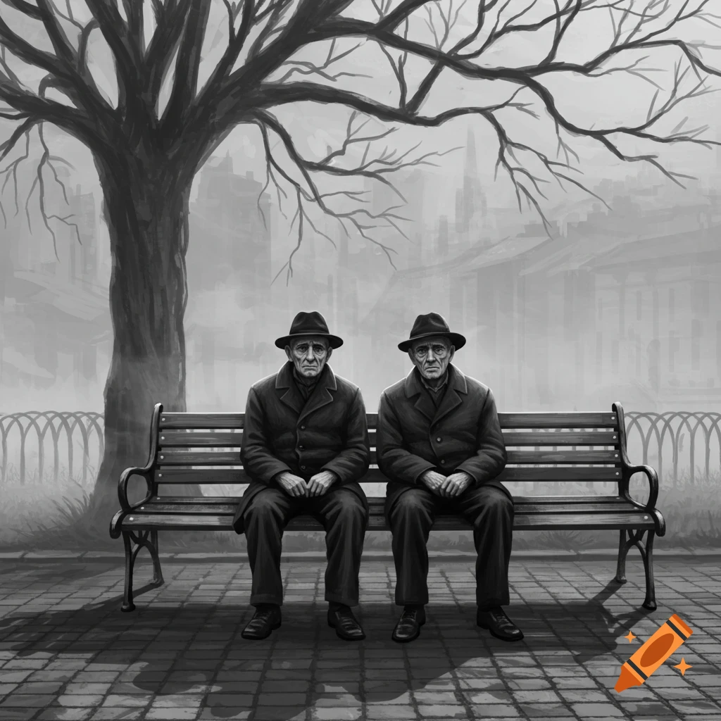 Two identical old men in hats sit sadly on a park bench under a bare tree in a grayscale, painterly style.