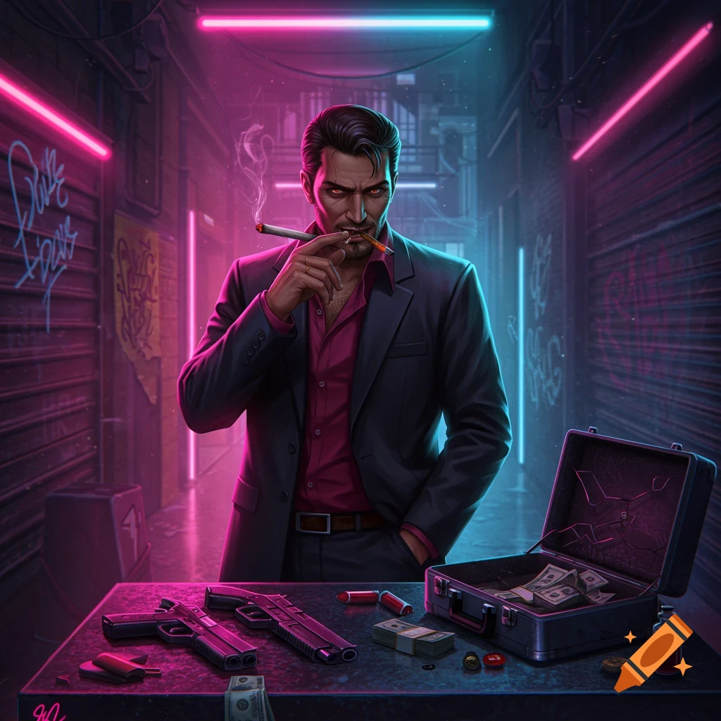 A stylized cyberpunk mafioso smokes a joint in a neon-lit alley, standing behind a table with guns, money, and vials.