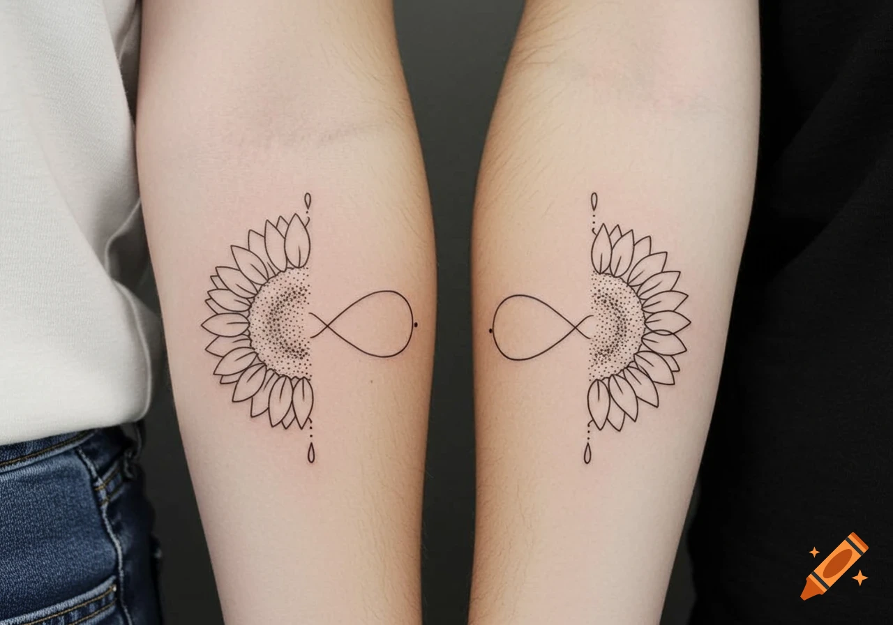 Matching minimalist sunflower and infinity symbol tattoos on two forearms.