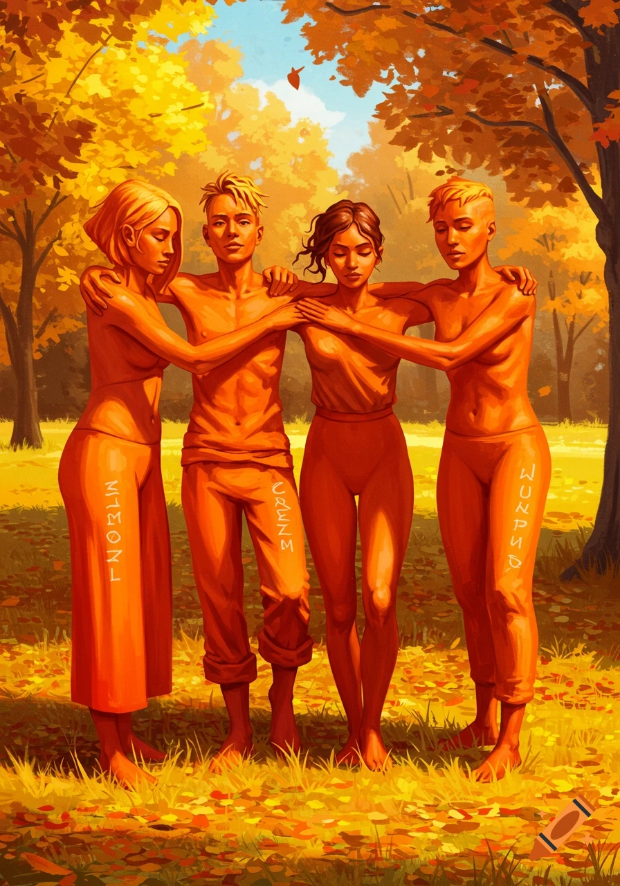 Four orange-toned figures, two male and two female, link arms in an autumnal forest with golden foliage in a painterly style.