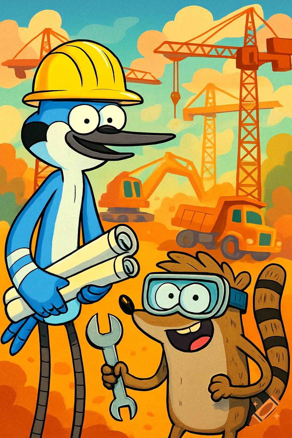 Mordecai in a hardhat holding blueprints and Rigby in safety goggles holding a wrench at a bright, cheerful cartoon construction site.