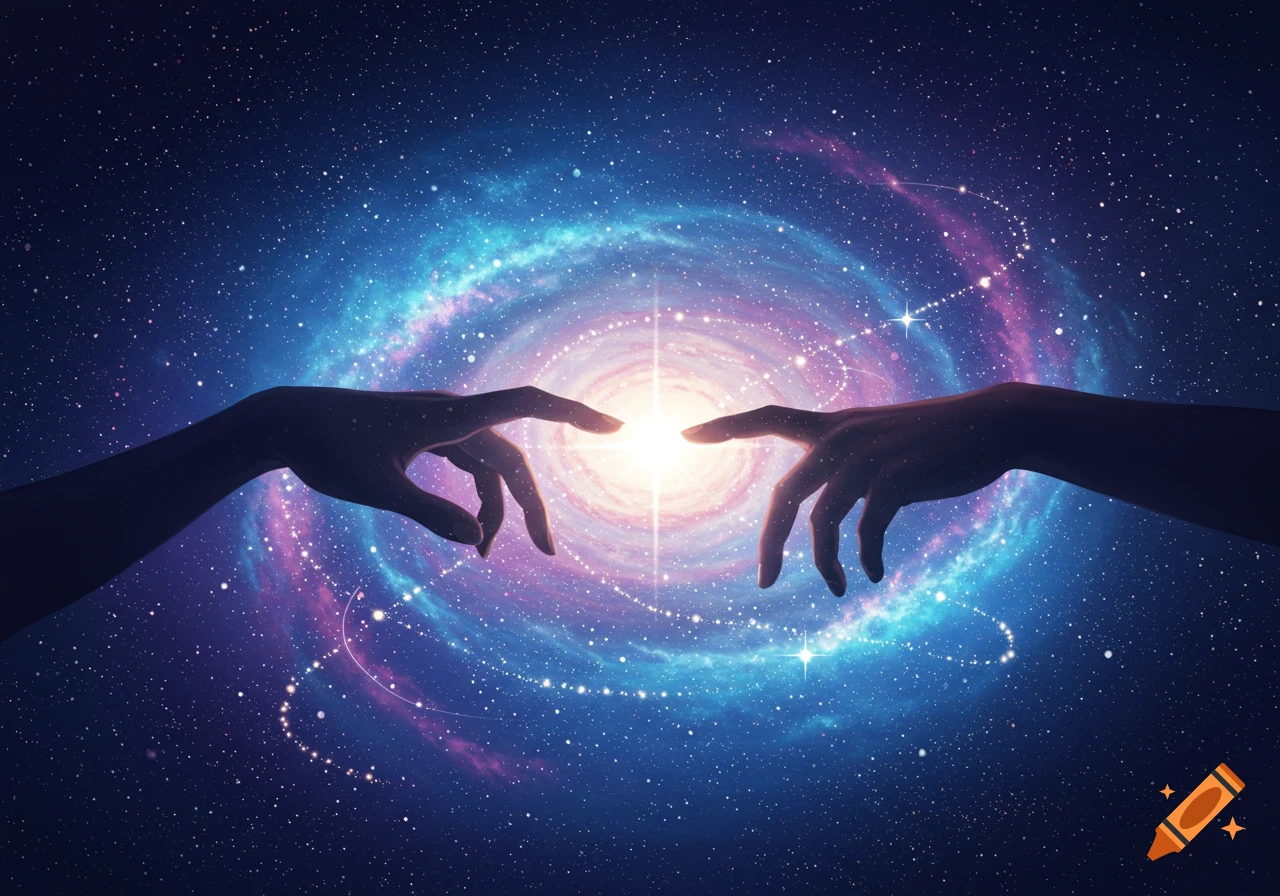 Two silhouetted hands reach towards a bright star in the center of a vibrant blue and purple galaxy, against a starry night sky.