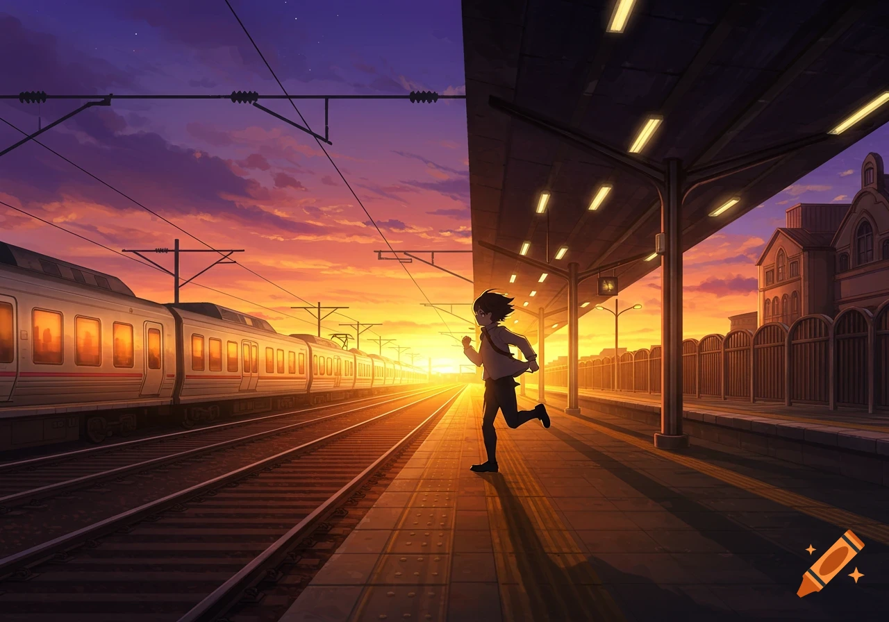 Anime boy running on a train station platform at sunset, with a train alongside the tracks.