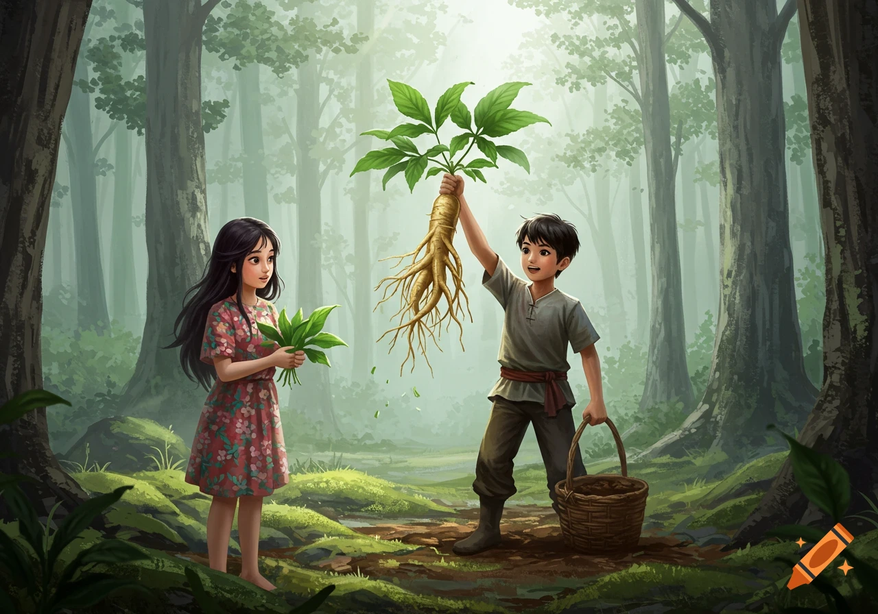 A young boy holds up a giant ginseng root, smiling, while a girl holds green leaves in a lush, misty forest, illustrated in a charming style.