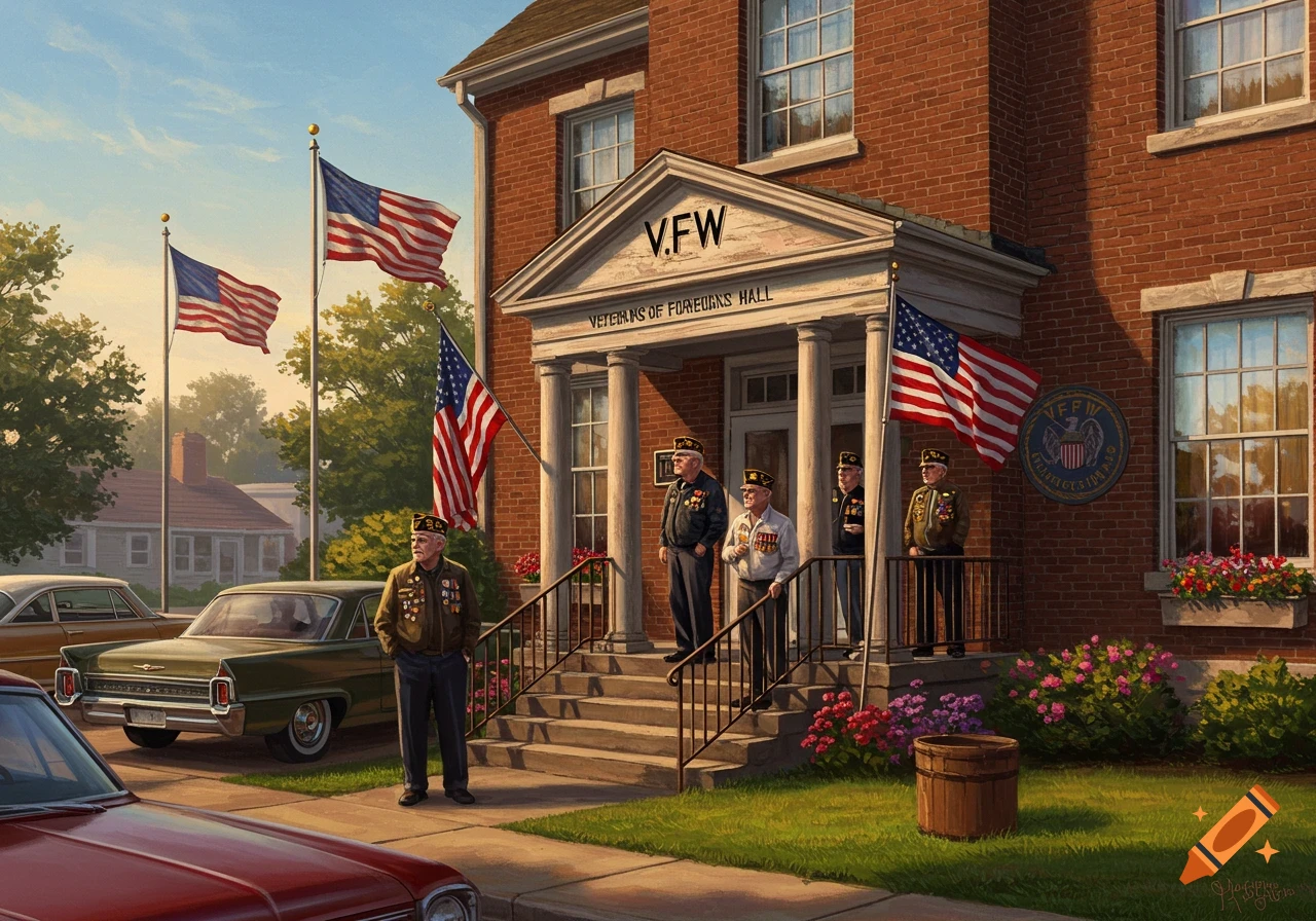 A painting of a brick VFW hall with several veterans standing on the steps, flanked by American flags, with classic cars parked nearby.