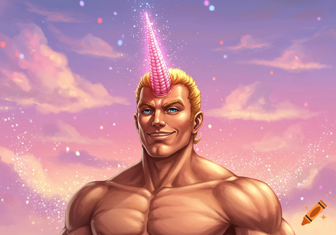 Muscular blonde man with blue eyes and a glowing pink unicorn horn smiles under a vibrant pink and purple sky with sparkles, digital art.