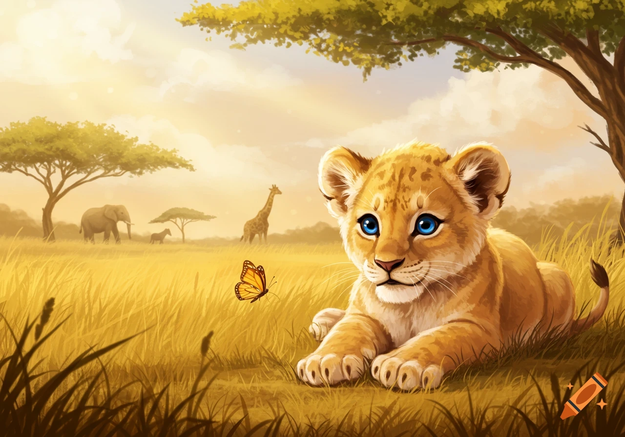 An adorable illustrated baby lion cub with blue eyes lies in a golden savanna, watching a butterfly with safari animals in the background.