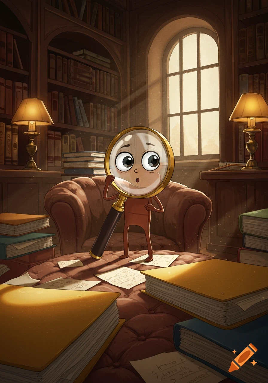 A wide-eyed cartoon magnifying glass character stands on a brown armchair in a cozy, sunlit library, surrounded by books and scattered papers.