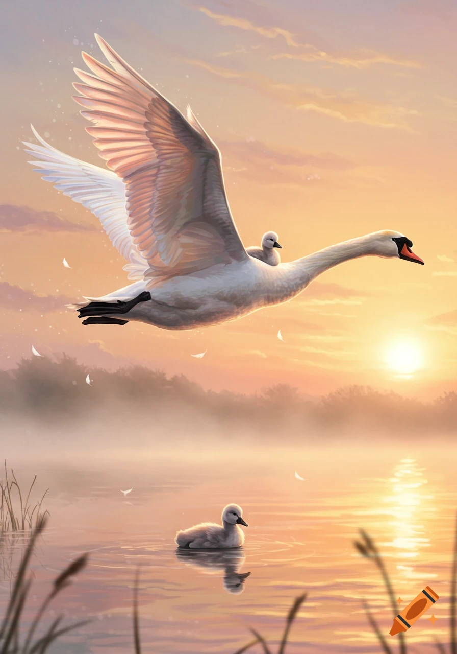 An illustrated swan flies with a cygnet on its back over a misty lake where another cygnet swims at sunset.