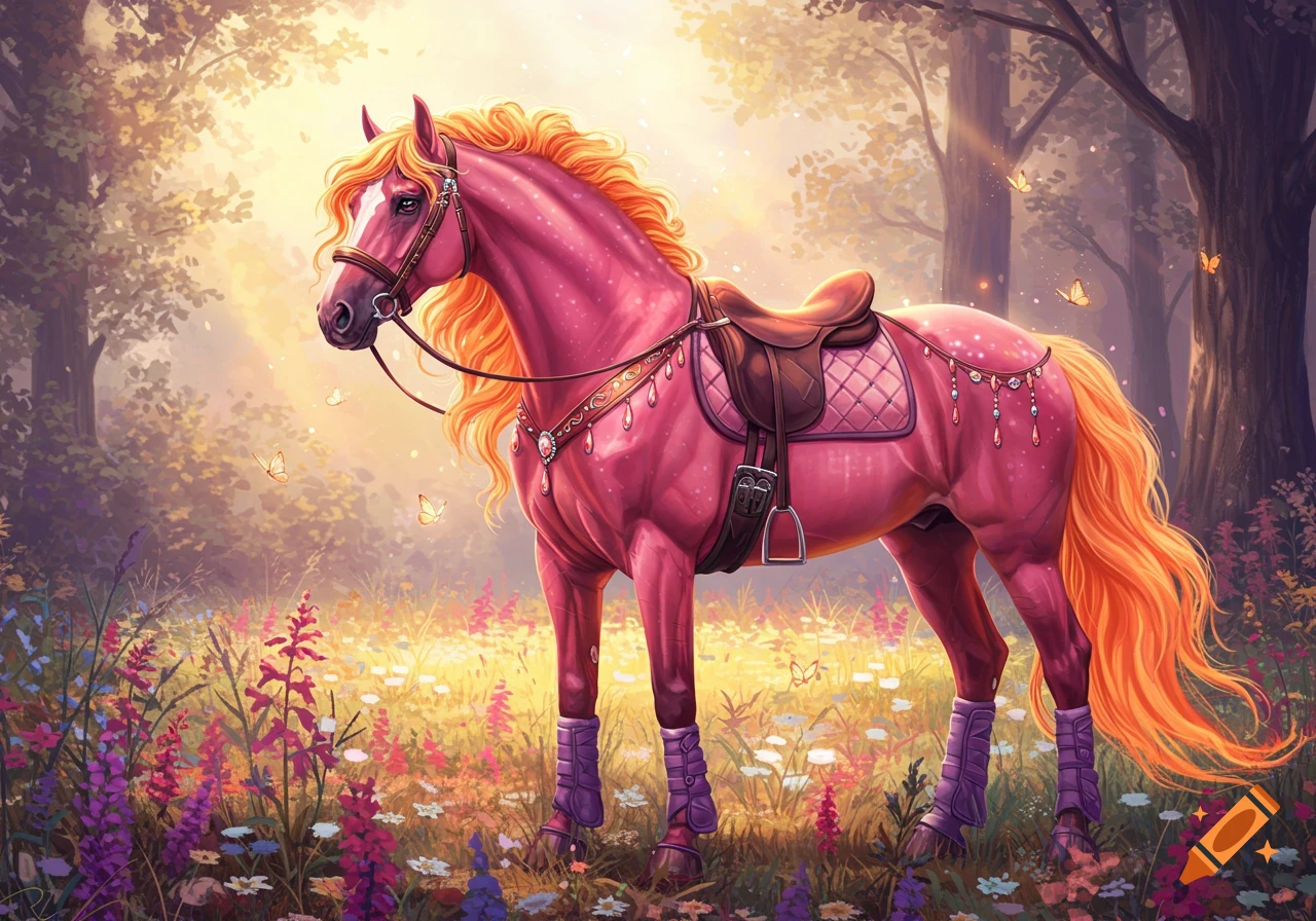 A vibrant pink horse with an orange mane and tail, adorned with decorative tack, stands in a sunlit fantasy forest filled with colorful flowers and butterflies.