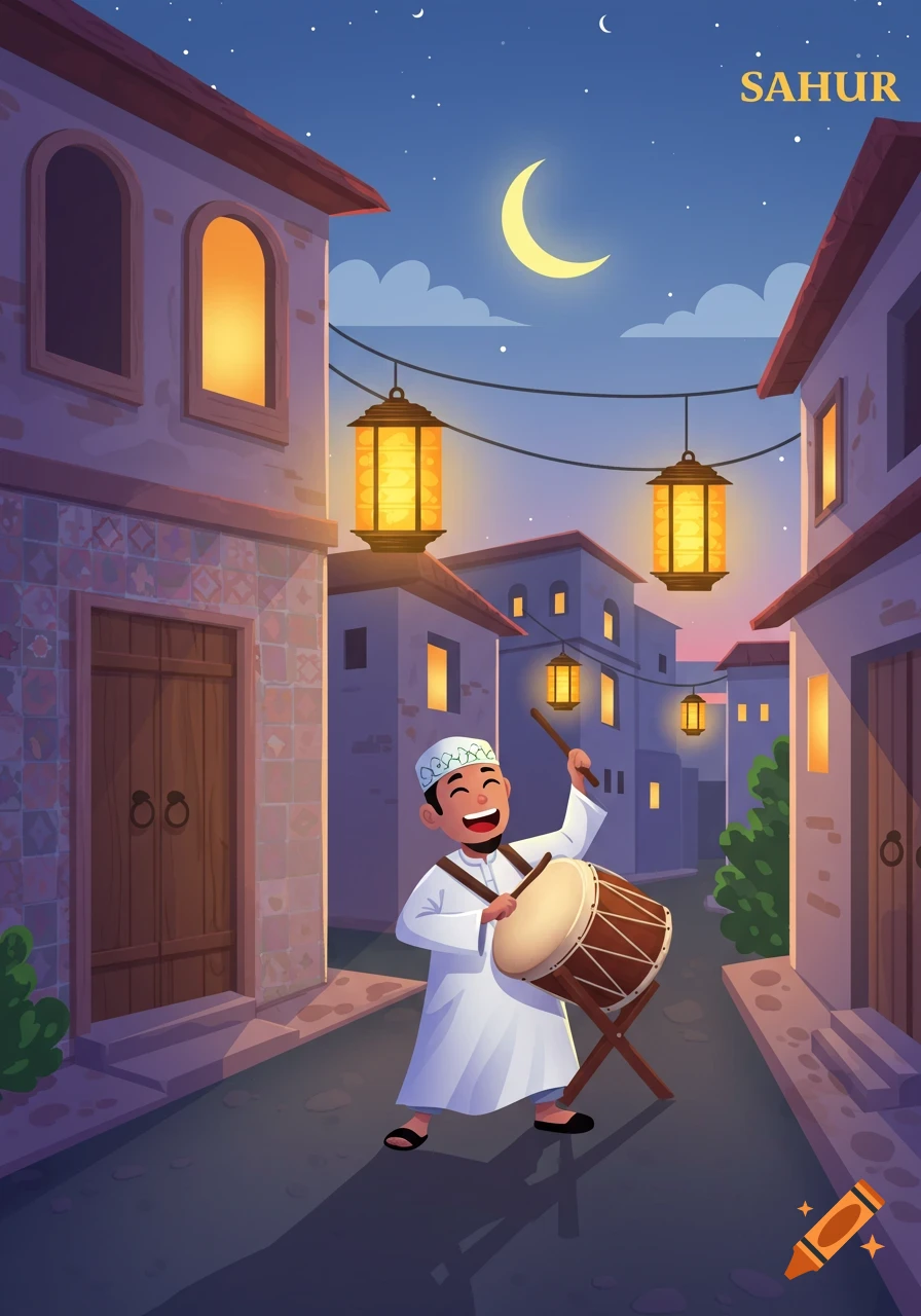 A happy cartoon boy plays a drum in a lantern-lit street at night under a crescent moon, with 'SAHUR' text, in an illustration style.