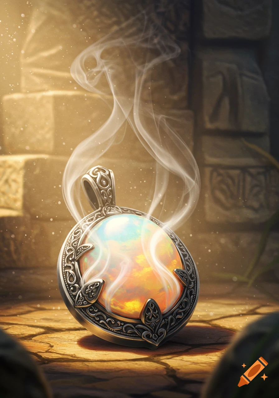 Ornate silver amulet with a glowing, iridescent opal-like gemstone, emitting wisps of purifying smoke in ancient ruins.