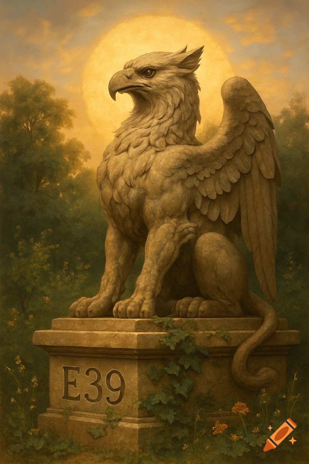 A majestic stone griffin statue sits in a lush natural setting under a large glowing full moon or sun, with the letters E39 carved into its base.
