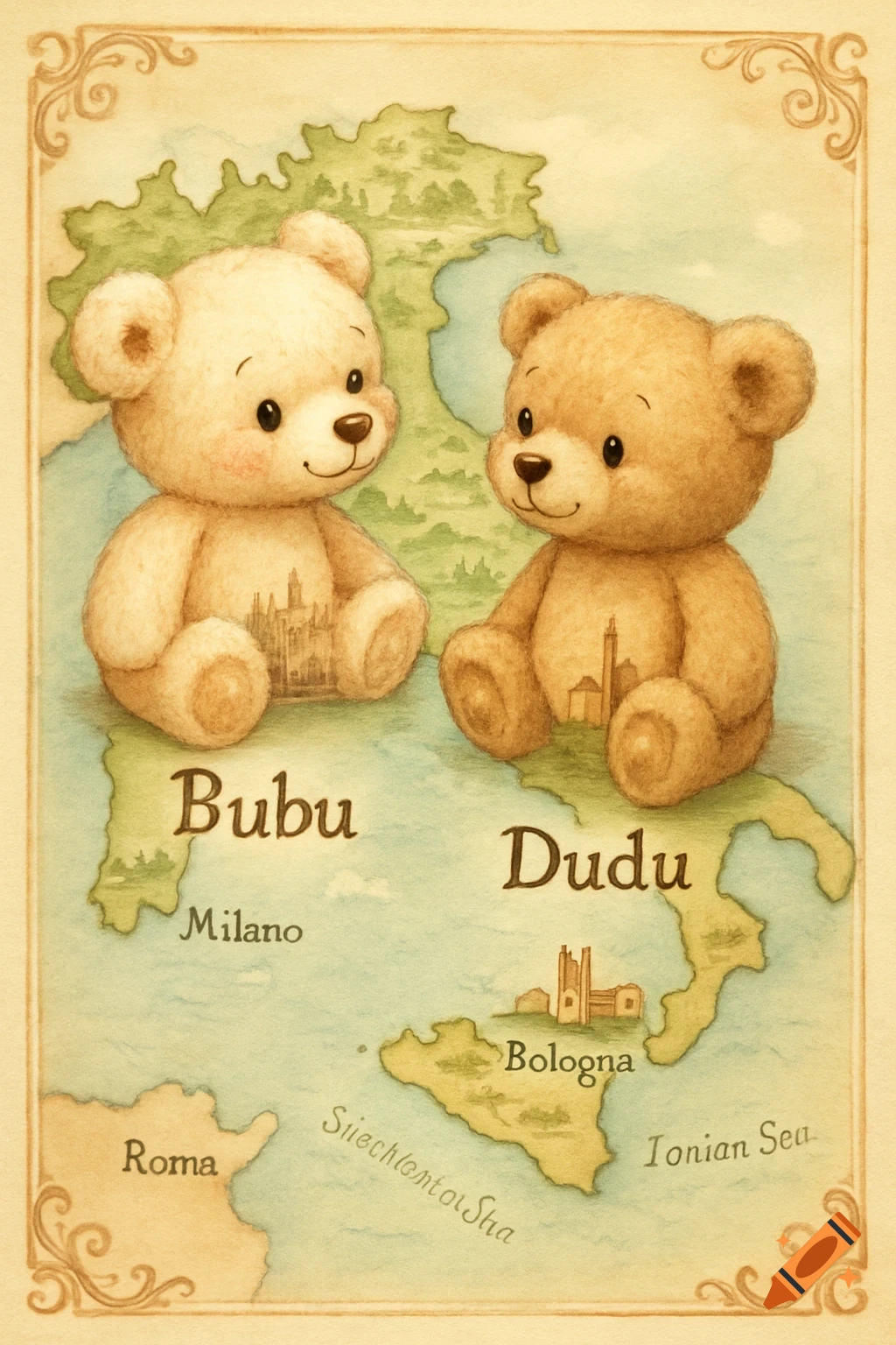 Two cute teddy bears, Bubu and Dudu, sit on an illustrated watercolor map of Italy, near Milan and Bologna respectively, looking at each other.