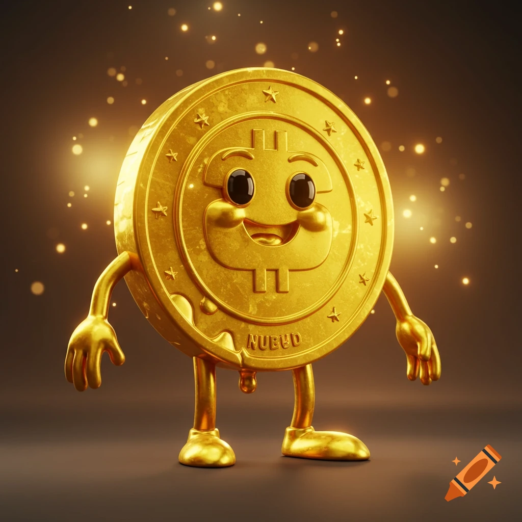 A smiling golden coin character with cartoon arms and legs, embossed with stars, glowing against a dark background in Pixar style.