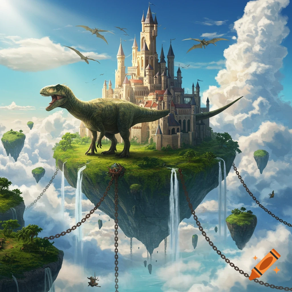 A large dinosaur stands on a green floating island with a grand castle, chains, and waterfalls under a blue sky with pterodactyls.