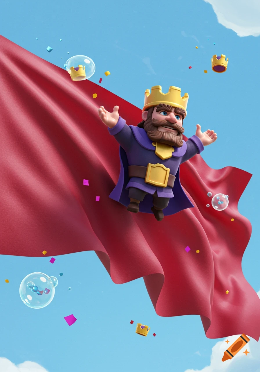 A 3D animated Clash Royale king floats against a blue sky, wearing a purple tunic, golden crown, and a huge red cape, surrounded by confetti and bubbles.