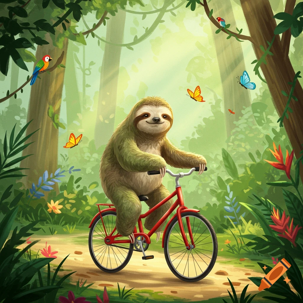 A friendly, cartoonish sloth rides a red bicycle down a sun-dappled jungle path, surrounded by colorful birds and butterflies.