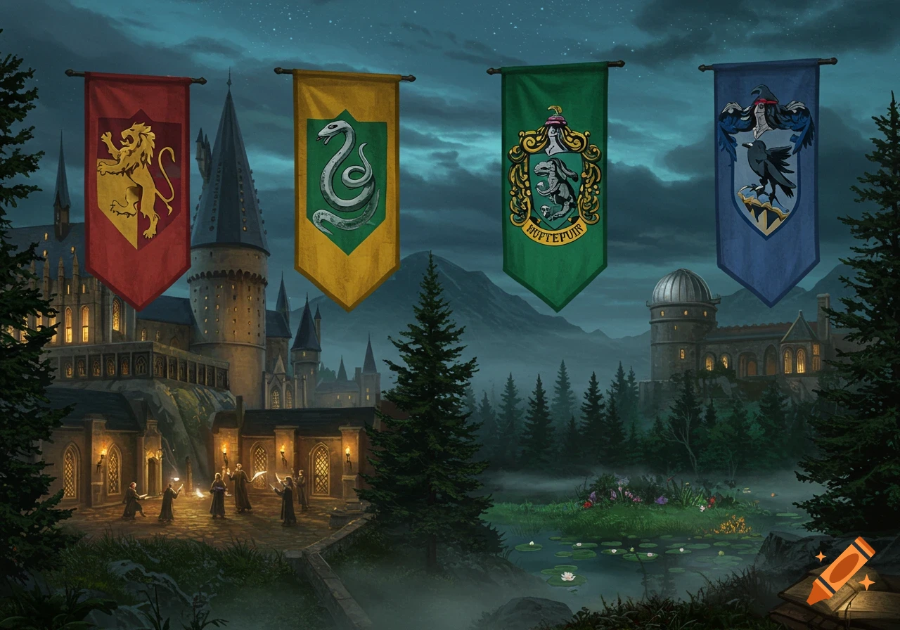 Fantasy scene of Hogwarts castle at night with four house banners, students casting spells, and a misty lake.