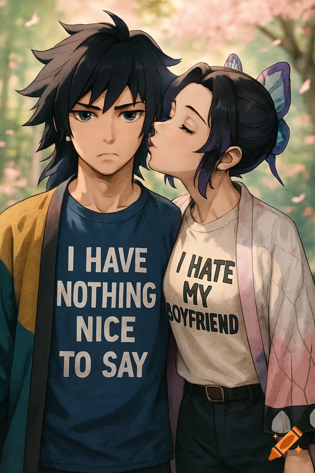 Anime couple Giyu Tomioka and Shinobu Kocho. Shinobu kisses Giyu's cheek. Giyu's shirt says 'I HAVE NOTHING NICE TO SAY'; Shinobu's says 'I HATE MY BOYFRIEND'.