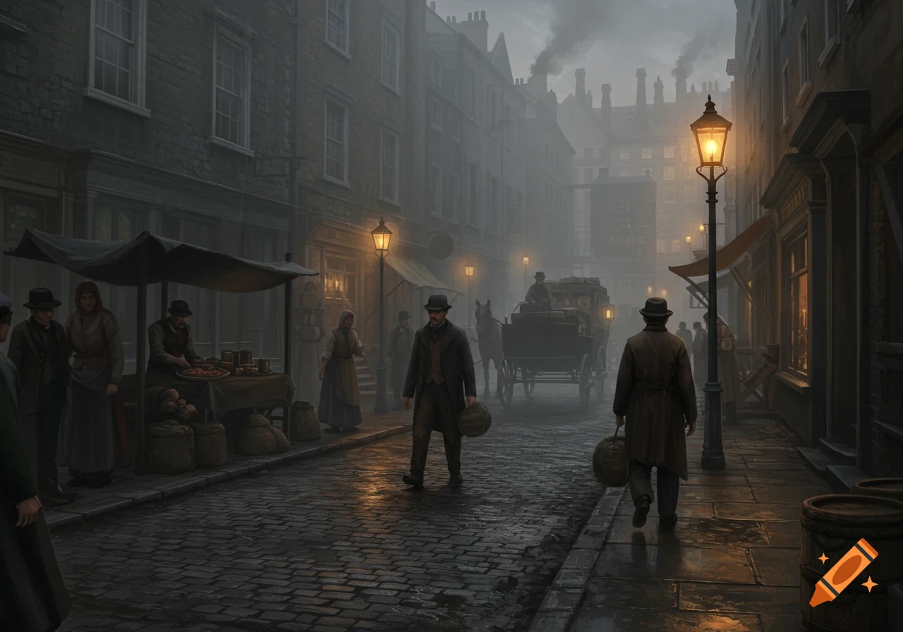 Atmospheric digital painting of a foggy 19th-century London street with people, market, and a horse-drawn carriage.