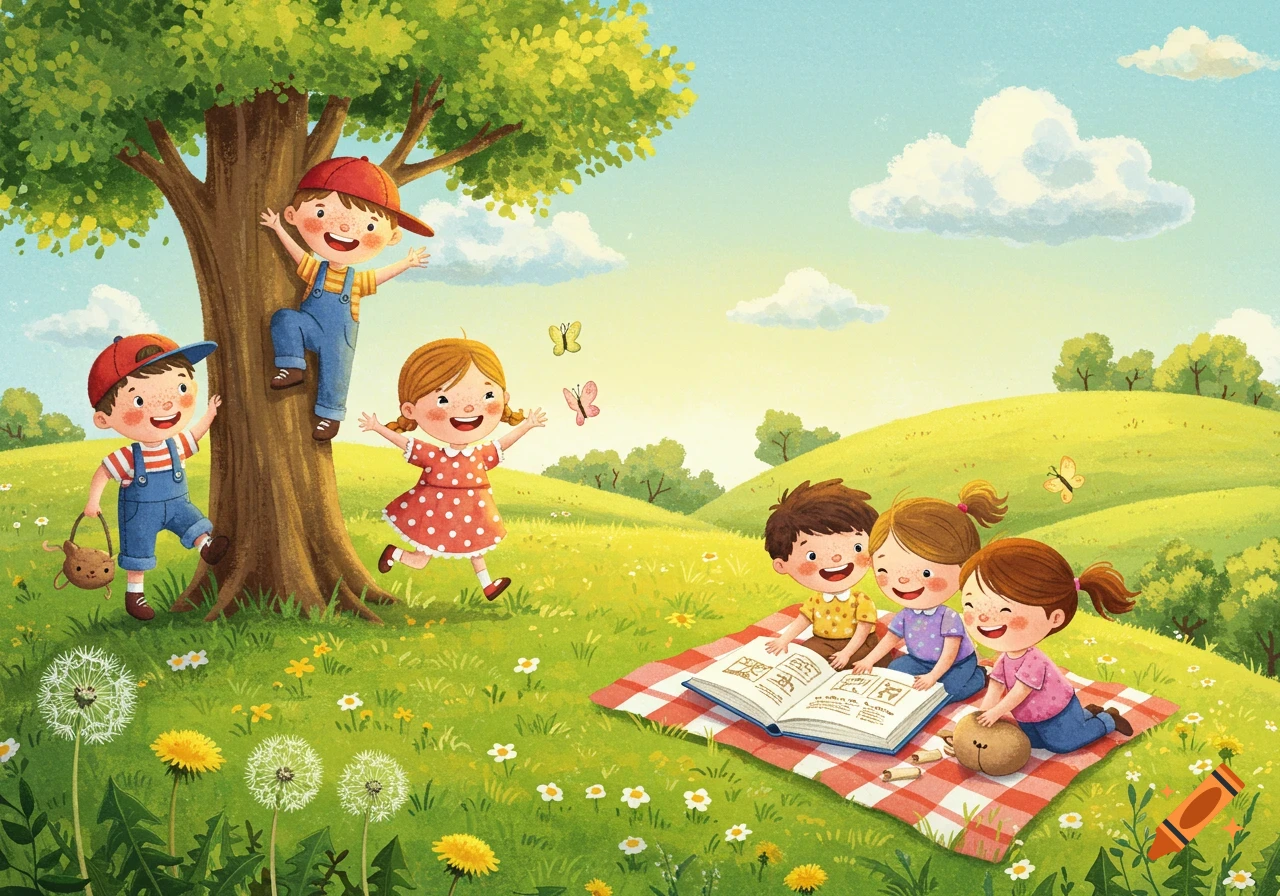 Happy children playing in a sunny green field; two boys climb a tree, a girl runs, and three kids read a book on a picnic blanket.