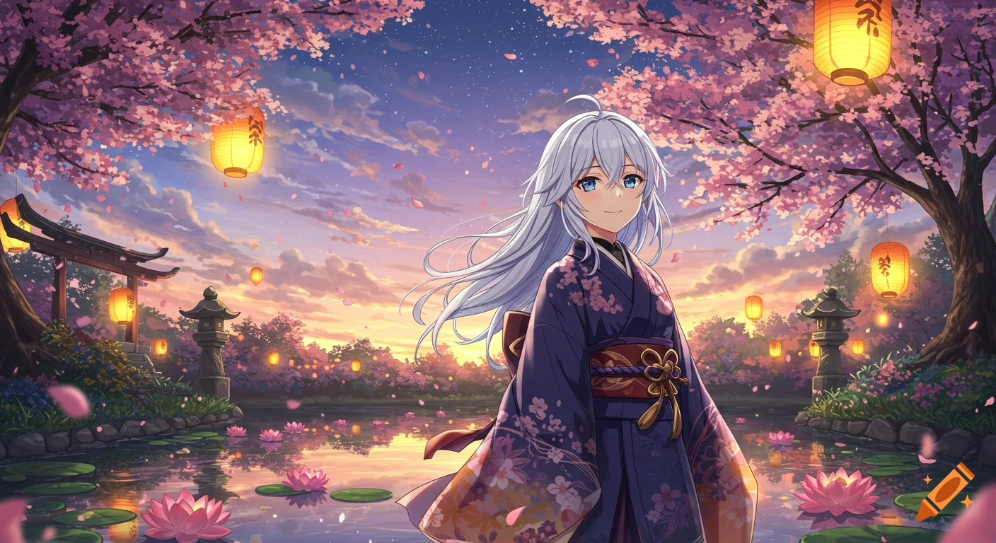An anime girl with long silver hair and blue eyes, wearing a dark blue kimono, stands by a pond at sunset under cherry blossom trees with glowing lanterns.