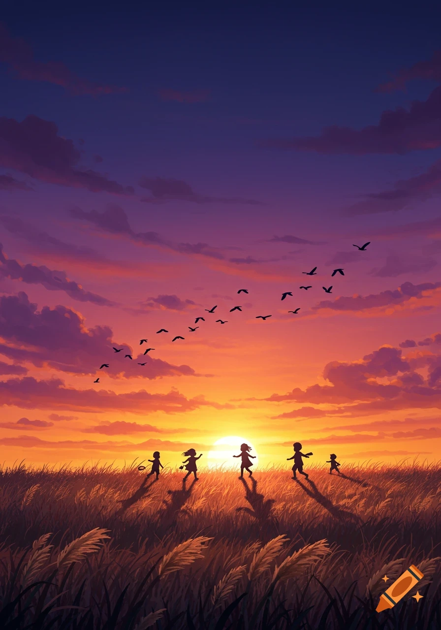 Silhouettes of children playing in a grassy field at sunset, with birds flying in a colorful orange and purple sky.