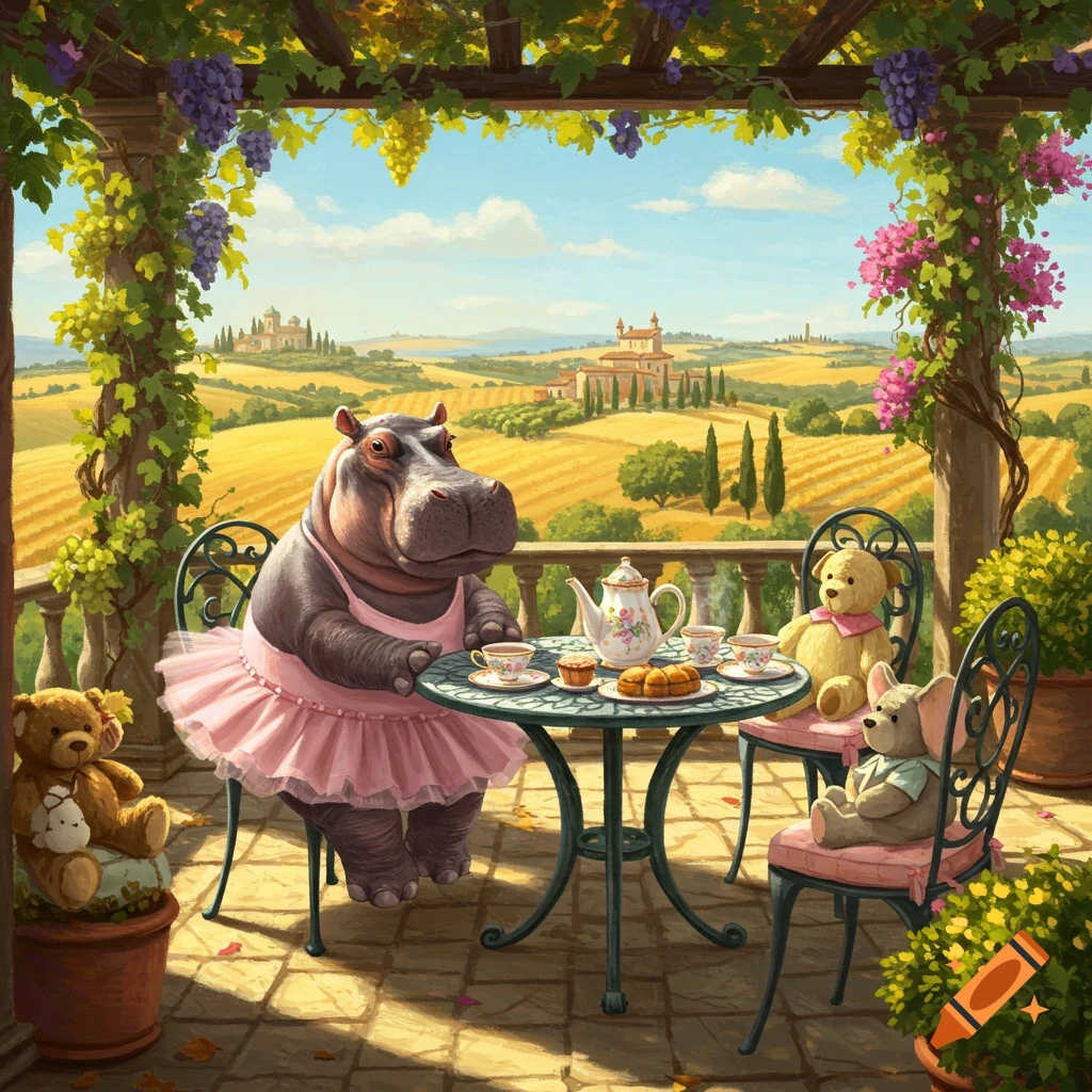 An illustrated hippo in a pink tutu has a tea party with stuffed animals on a balcony overlooking an Italian vineyard.