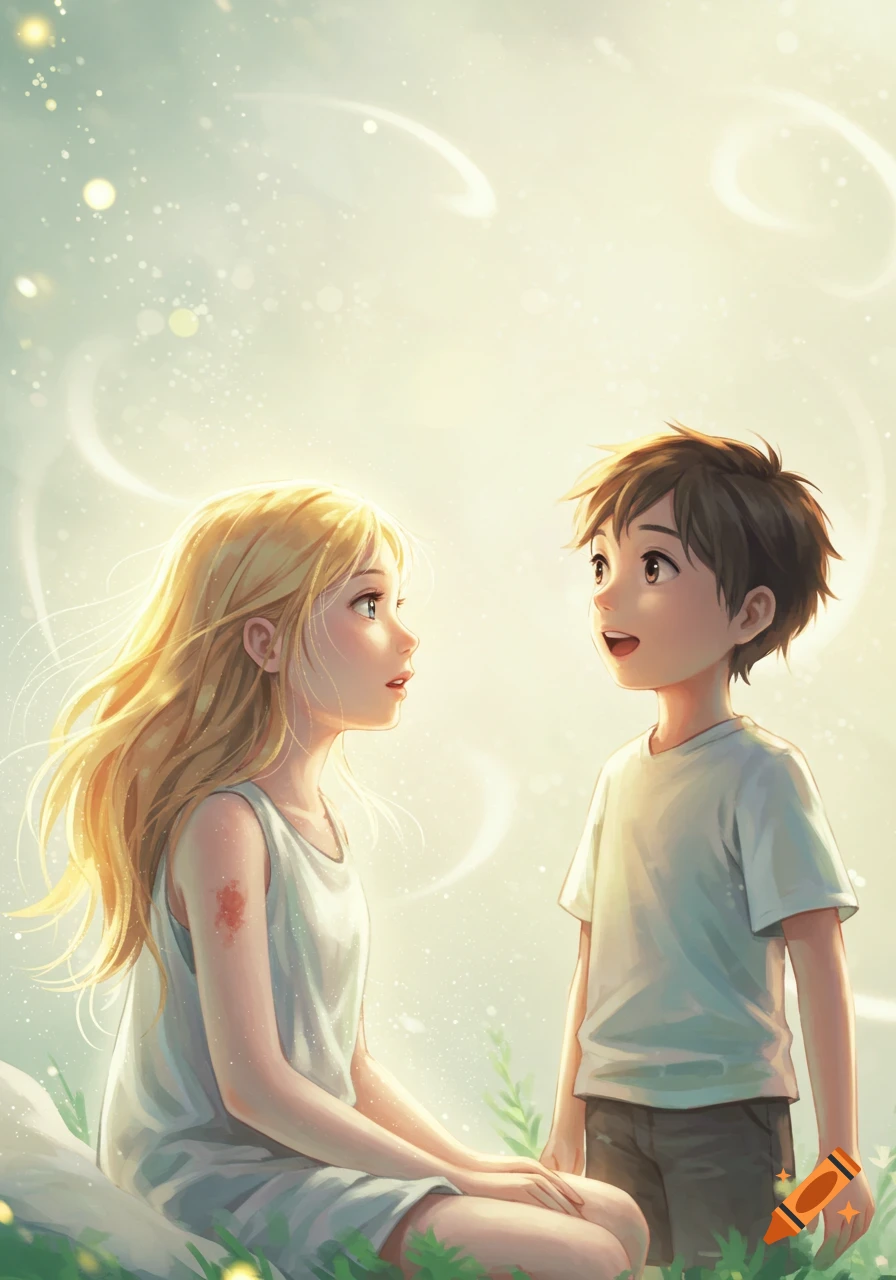 Anime illustration of a blonde girl and a brown-haired boy looking at each other in a bright, dreamy outdoor setting.