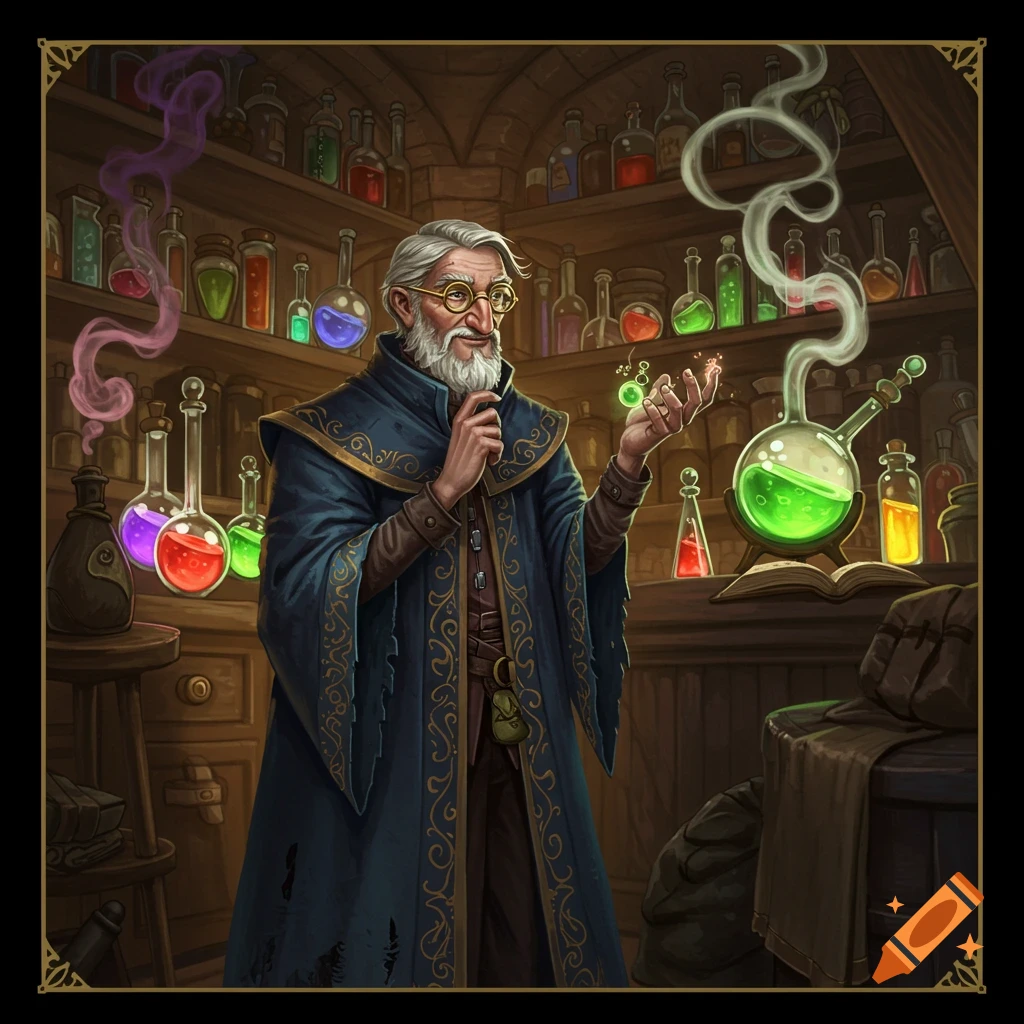 A detailed illustration of an old wizard or alchemist with a white beard, holding a glowing green orb in a cluttered lab filled with colorful potions.