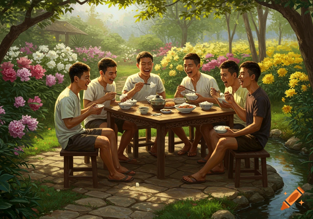 A group of men share a meal at a wooden table outdoors amidst lush greenery and colorful flowering bushes, depicted in a painted style.
