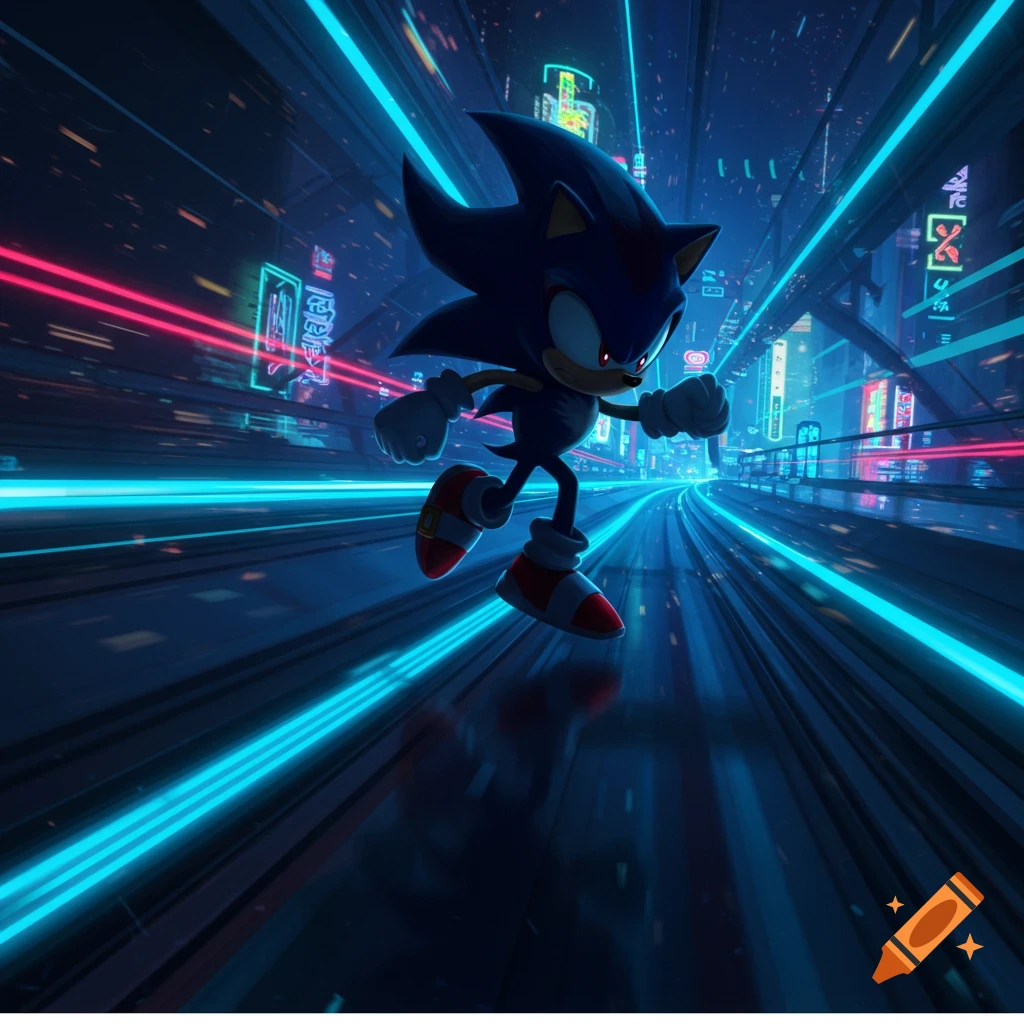 Dark blue Sonic-like character runs at high speed through a neon-lit futuristic city with glowing blue and red lines.