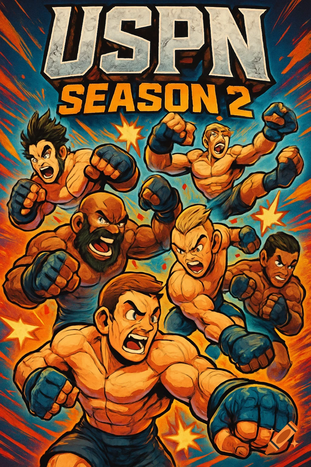 A stylized poster in Brawlhalla art style showing multiple diverse MMA fighters in dynamic action poses, with the text 'USPN SEASON 2' at the top.