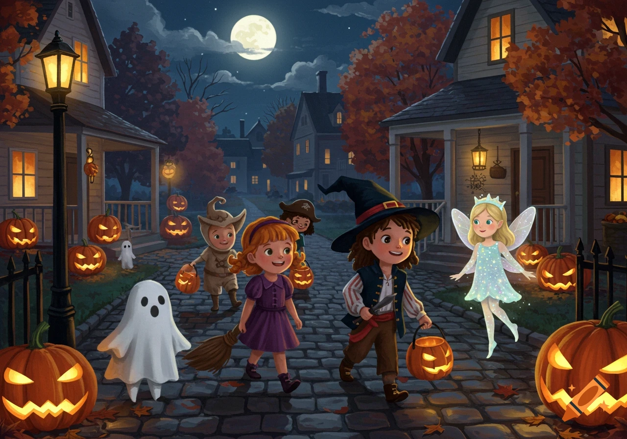 Illustrated scene of diverse children in Halloween costumes trick-or-treating on a moonlit street with jack-o'-lanterns.