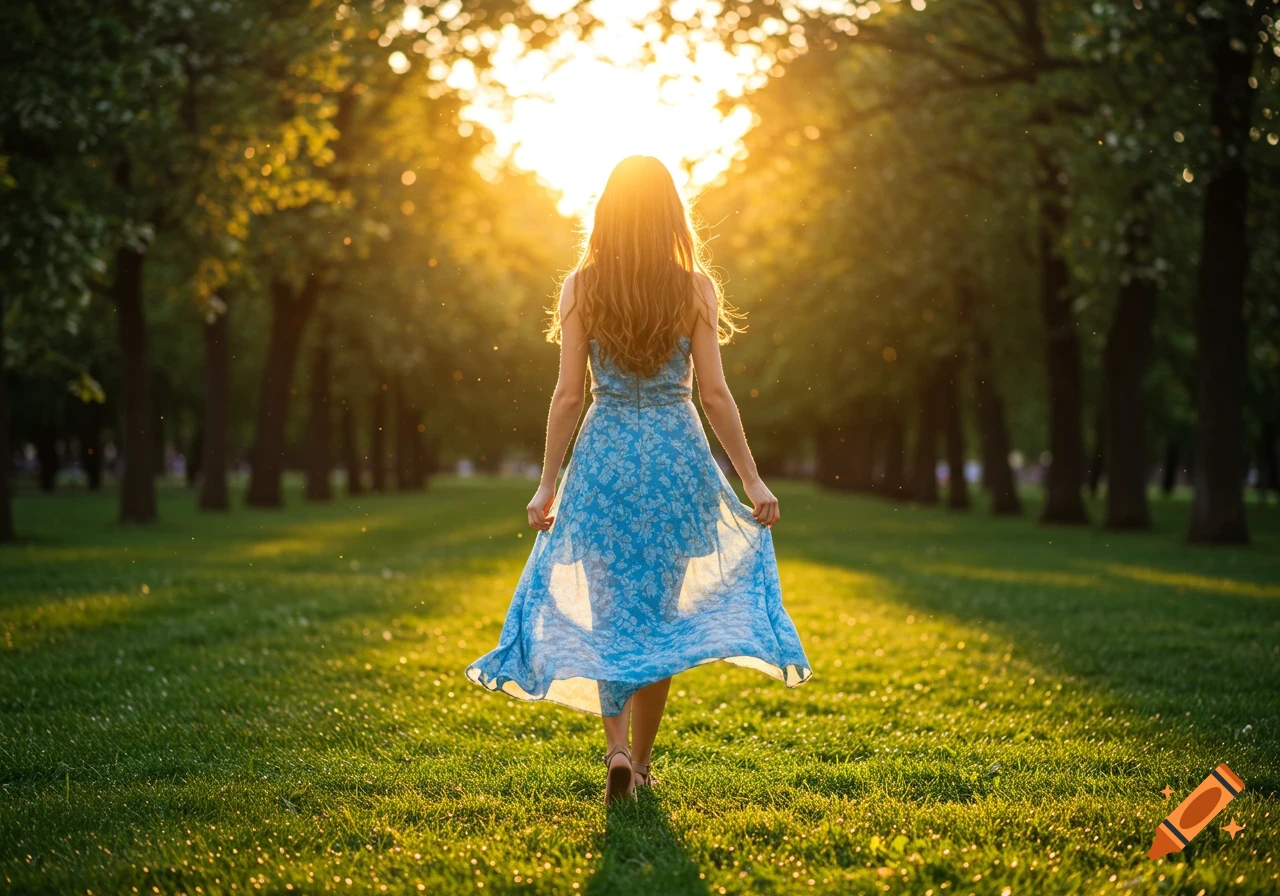 A young woman with long brown hair in a blue summer dress walks through a sunny park at golden hour, surrounded by trees.