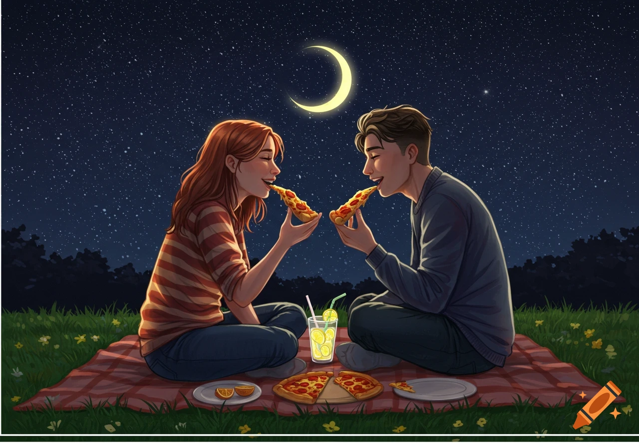 An illustration of a couple sharing pizza and lemonade on a picnic blanket under a starry night sky with a crescent moon.