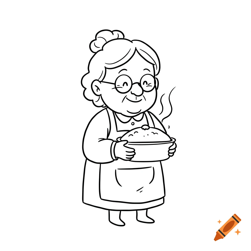 A line drawing of a smiling old lady wearing an apron and glasses, holding a steaming casserole dish.