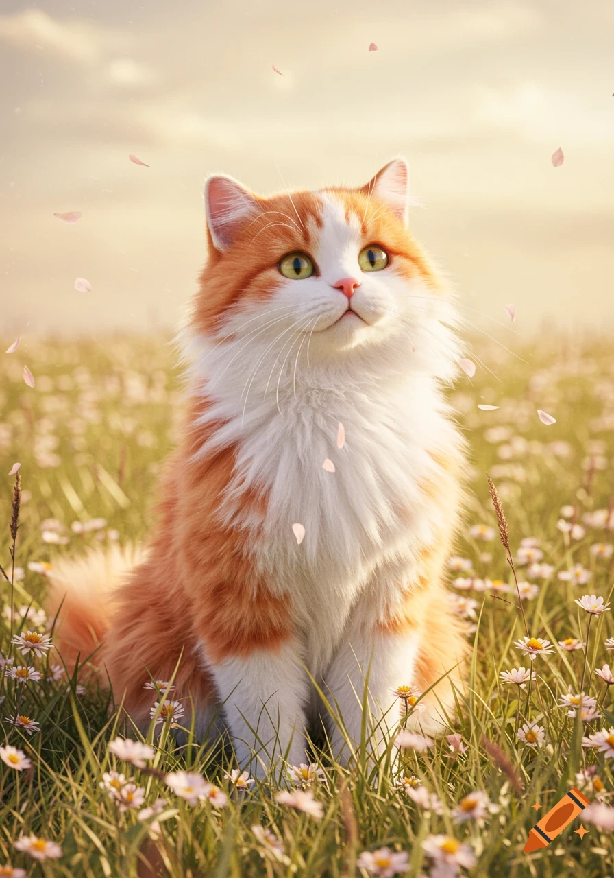 A fluffy orange and white cat with green eyes sits in a field of daisies with pink petals falling.
